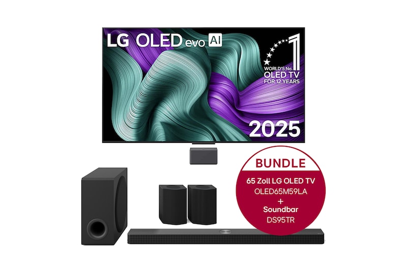 LG True Wireless TV 65 Zoll LG OLED evo AI M5 mit 4K Video- und Audioübertragung + 9.1.5-Kanal LG Home Theater Soundbar DS95TR mit Surround-Sound und hinteren Lautsprechern, OLED65M59LA.DS95TR
