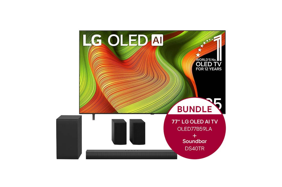 LG 77 Zoll LG OLED AI B5 4K Smart TV + 4.1-Kanal LG Home Theater Soundbar DS40TR mit Surround-Sound und hinteren Lautsprechern, OLED77B59LA.DS40TR