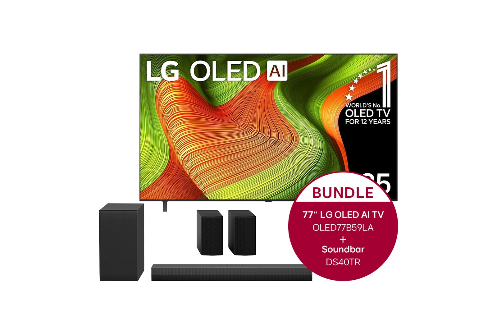 LG 77 Zoll LG OLED AI B5 4K Smart TV + 4.1-Kanal LG Home Theater Soundbar DS40TR mit Surround-Sound und hinteren Lautsprechern, OLED77B59LA.DS40TR
