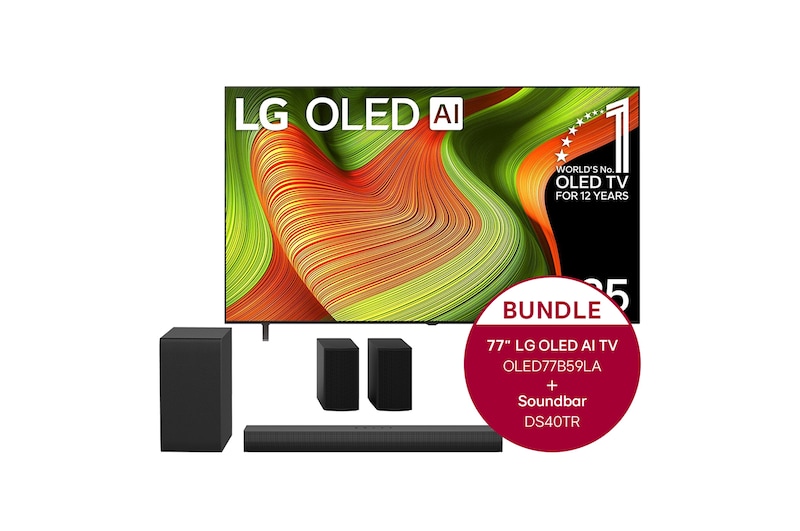 LG 77 Zoll LG OLED AI B5 4K Smart TV + 4.1-Kanal LG Home Theater Soundbar DS40TR mit Surround-Sound und hinteren Lautsprechern, OLED77B59LA.DS40TR