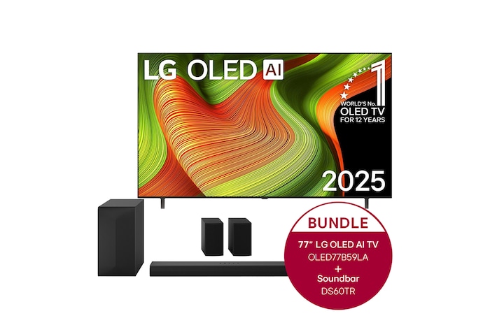 LG 77 Zoll LG OLED AI B5 4K Smart TV + 5.1-Kanal LG Home Theater Soundbar DS60TR mit Surround-Sound und hinteren Lautsprechern, OLED77B59LA.DS60TR