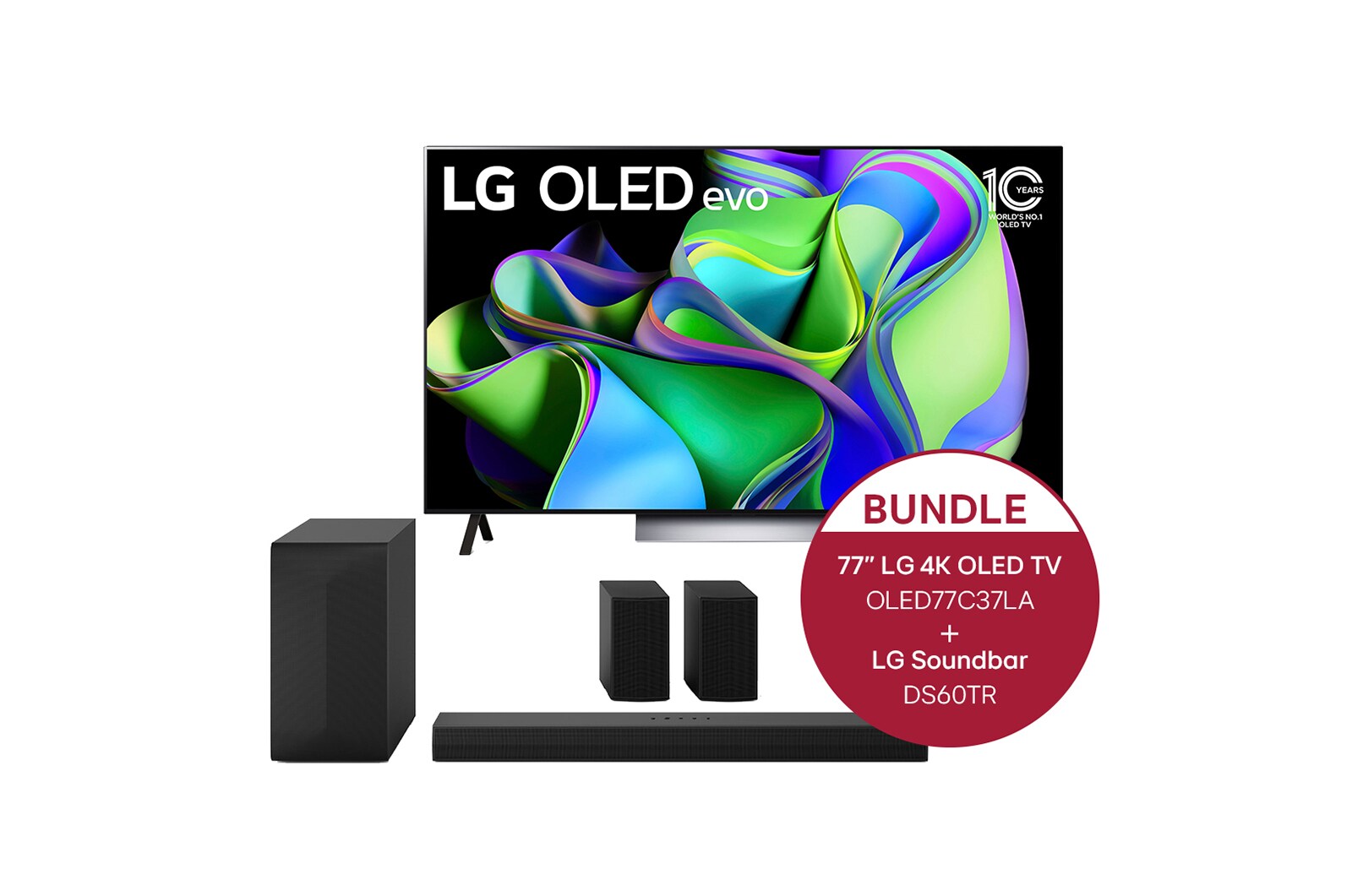 Vorderseite von 77 Zoll LG 4K OLED evo TV C3 &#43; 5.1 Soundbar DS60TR mit 440 Watt OLED77C37LA.DS60TR