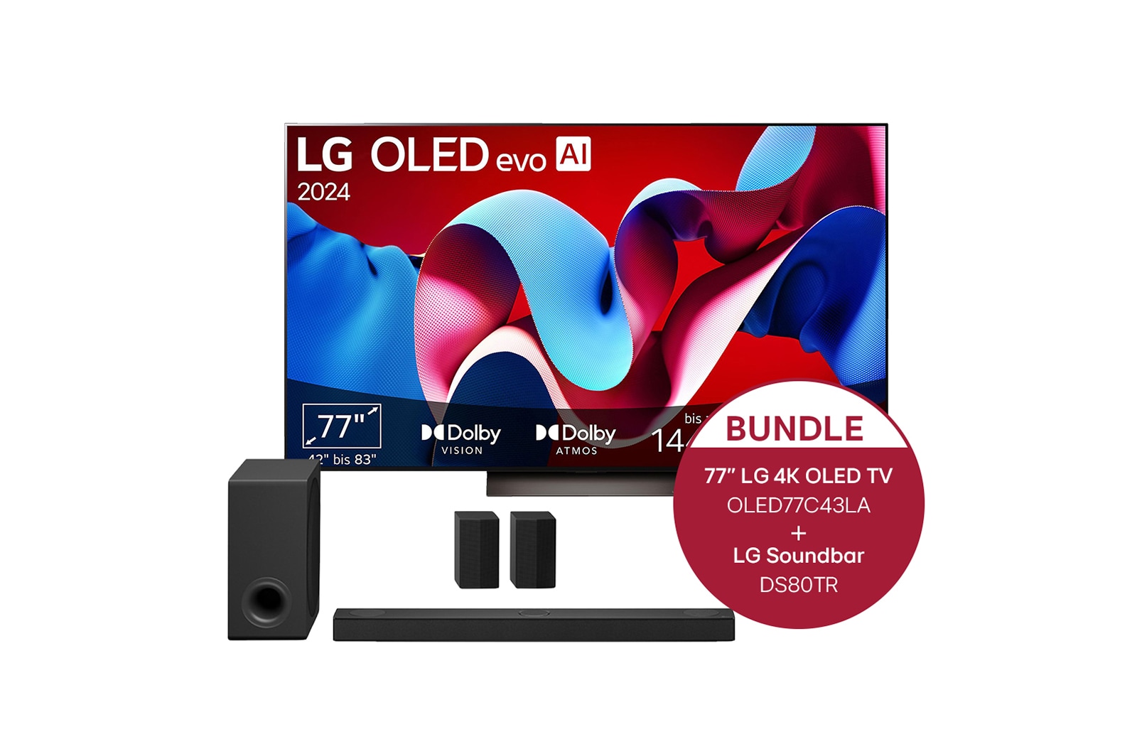 Vorderseite von 77 Zoll LG OLED evo C4 4K Smart TV &#43; 5.1.3 Dolby Atmos Soundbar mit 580 Watt  OLED77C43LA.DS80TR