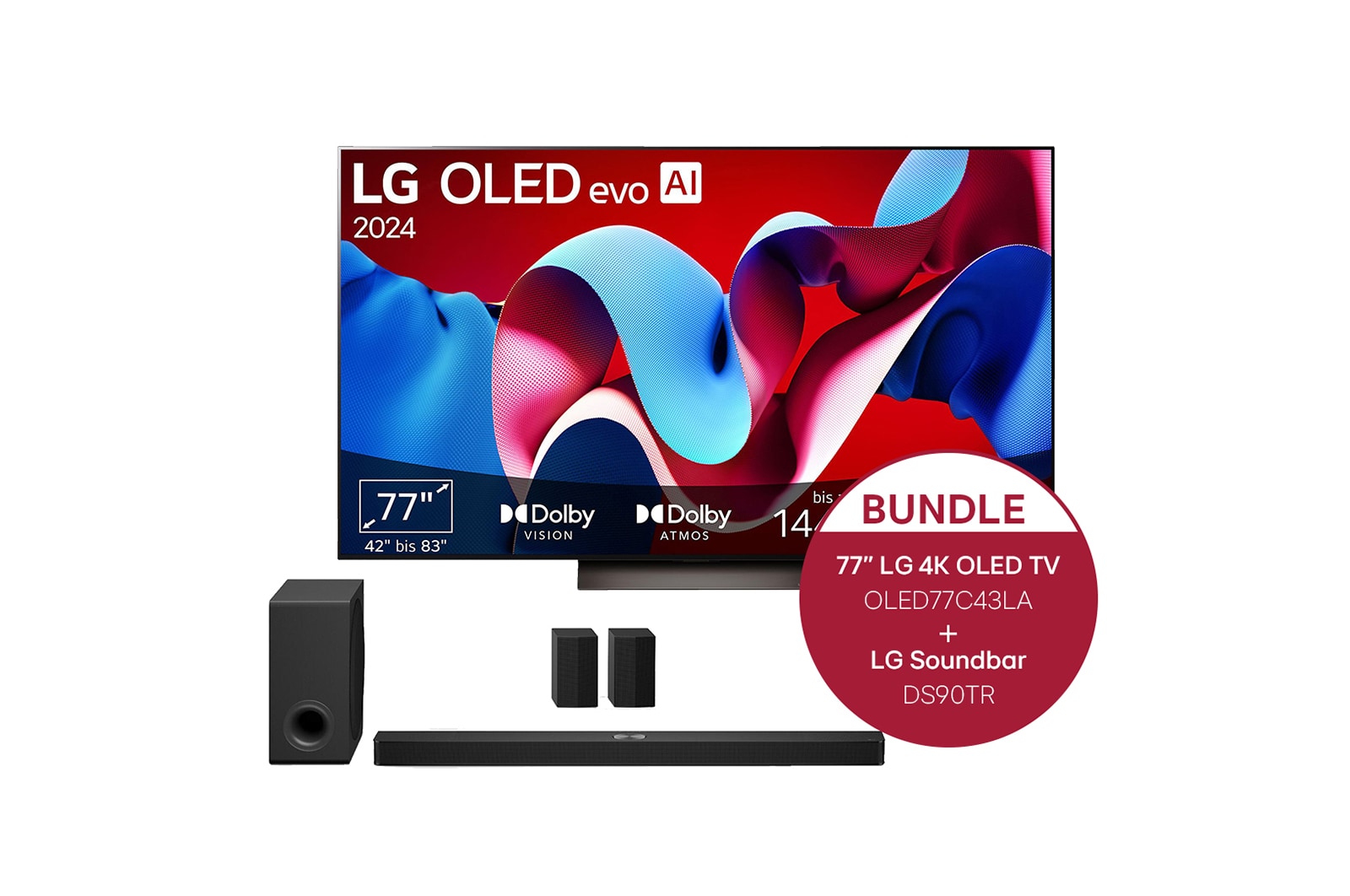 Vorderseite von 77 Zoll LG OLED evo C4 4K Smart TV &#43;  7.1.3 Dolby Atmos Soundbar DS90TR mit 670 Watt OLED77C43LA.DS90TR