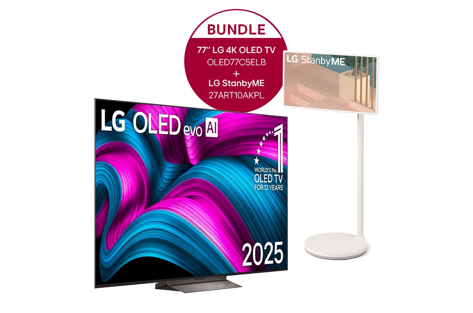 Vorderseite von 77 Zoll LG OLED evo AI C5E 4K Smart TV &#43; LG StanbyME OLED77C5ELB.27ART10