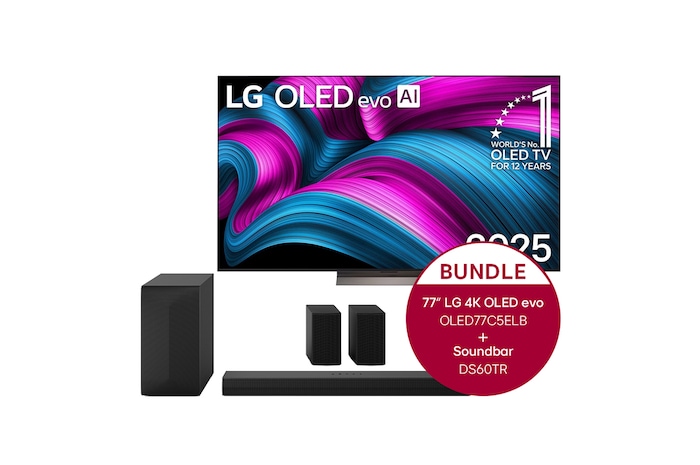 LG 77 Zoll LG OLED evo AI C5E 4K Smart TV 2025 + 5.1-Kanal LG Home Theater Soundbar DS60TR mit Surround-Sound und hinteren Lautsprechern, OLED77C5ELB.DS60TR