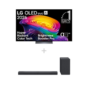 Vorderseite von 77 Zoll LG OLED evo AI C6E 4K Smart TV 2026 + 3.1.3 Dolby Atmos® Soundbar mit 400 Watt | kabelloser Subwoofer OLED77C6ELB.DSC9001
