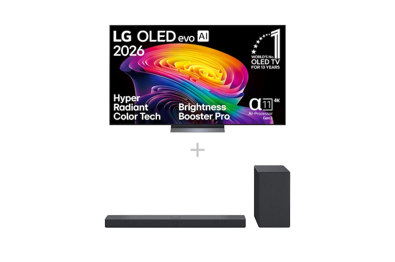 Vorderseite von 77 Zoll LG OLED evo AI C6E 4K Smart TV 2026 + 3.1.3 Dolby Atmos® Soundbar mit 400 Watt | kabelloser Subwoofer OLED77C6ELB.DSC9001