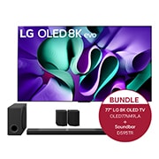 Vorderseite von 77 Zoll LG OLED evo AI M4, weltweit erster TV mit kabelloser Video- und Audioübertragung in 4K 144 Hz &#43; 9.1.5 Kanal LG TV Soundbar DS95TR mit Dolby Atmos OLED77M49LA.DS95TR