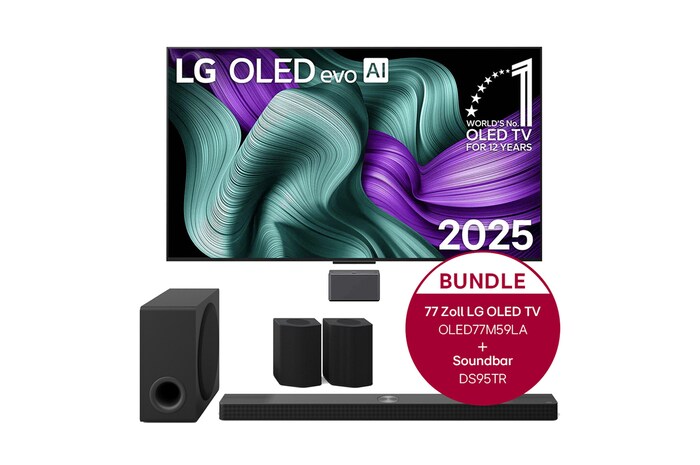 LG True Wireless TV 77 Zoll LG OLED evo AI M5 mit 4K Video- und Audioübertragung + 9.1.5-Kanal LG Home Theater Soundbar DS95TR mit Surround-Sound und hinteren Lautsprechern, OLED77M59LA.DS95TR