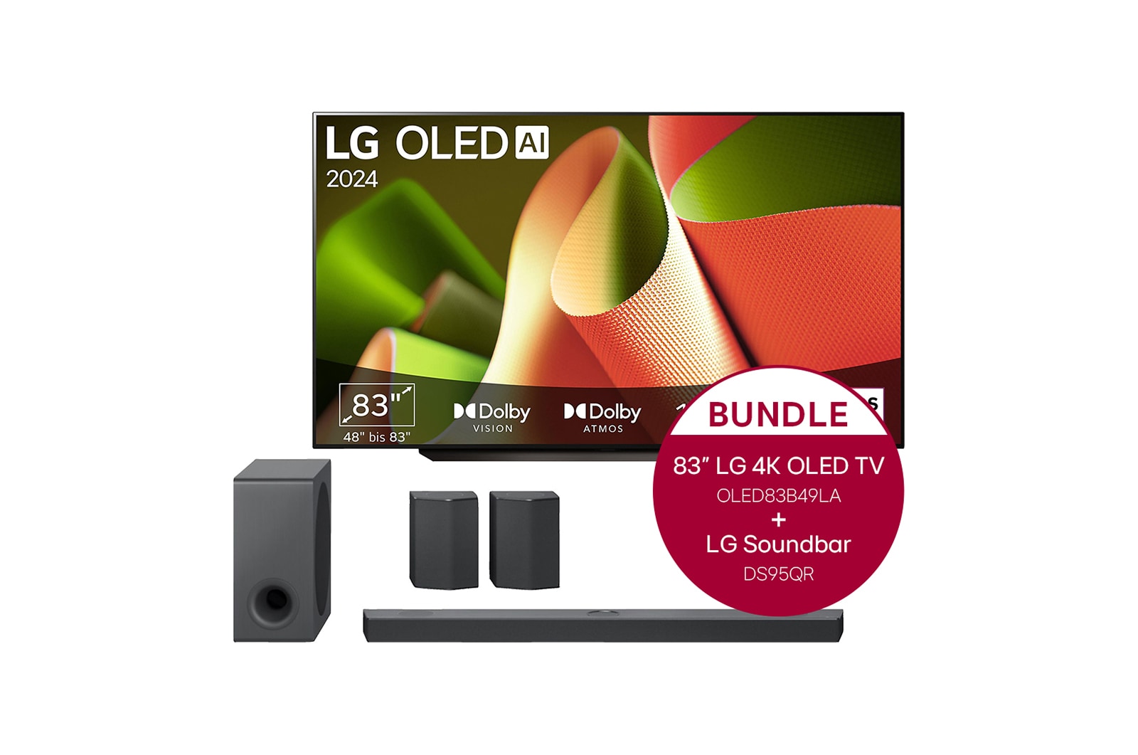 Vorderseite von 83 Zoll LG OLED B4 4K Smart TV + 9.1.5 Dolby Atmos® Soundbar mit 810 Watt OLED83B49LA.DS95QR