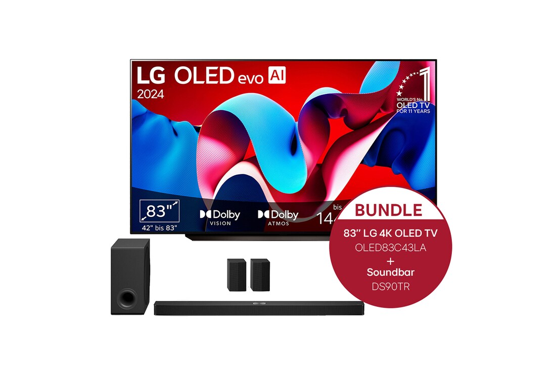 LG 83 Zoll LG OLED evo C4 4K Smart TV + 7.1.3 Dolby Atmos Soundbar DS90TR mit 670 Watt, OLED83C43LA.DS90TR
