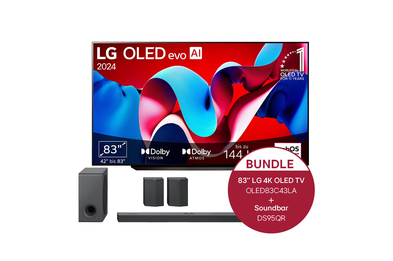 Vorderseite von 83 Zoll LG OLED evo C4 4K Smart TV &#43; 9.1.5 Dolby Atmos® Soundbar mit 810 Watt OLED83C43LA.DS95QR