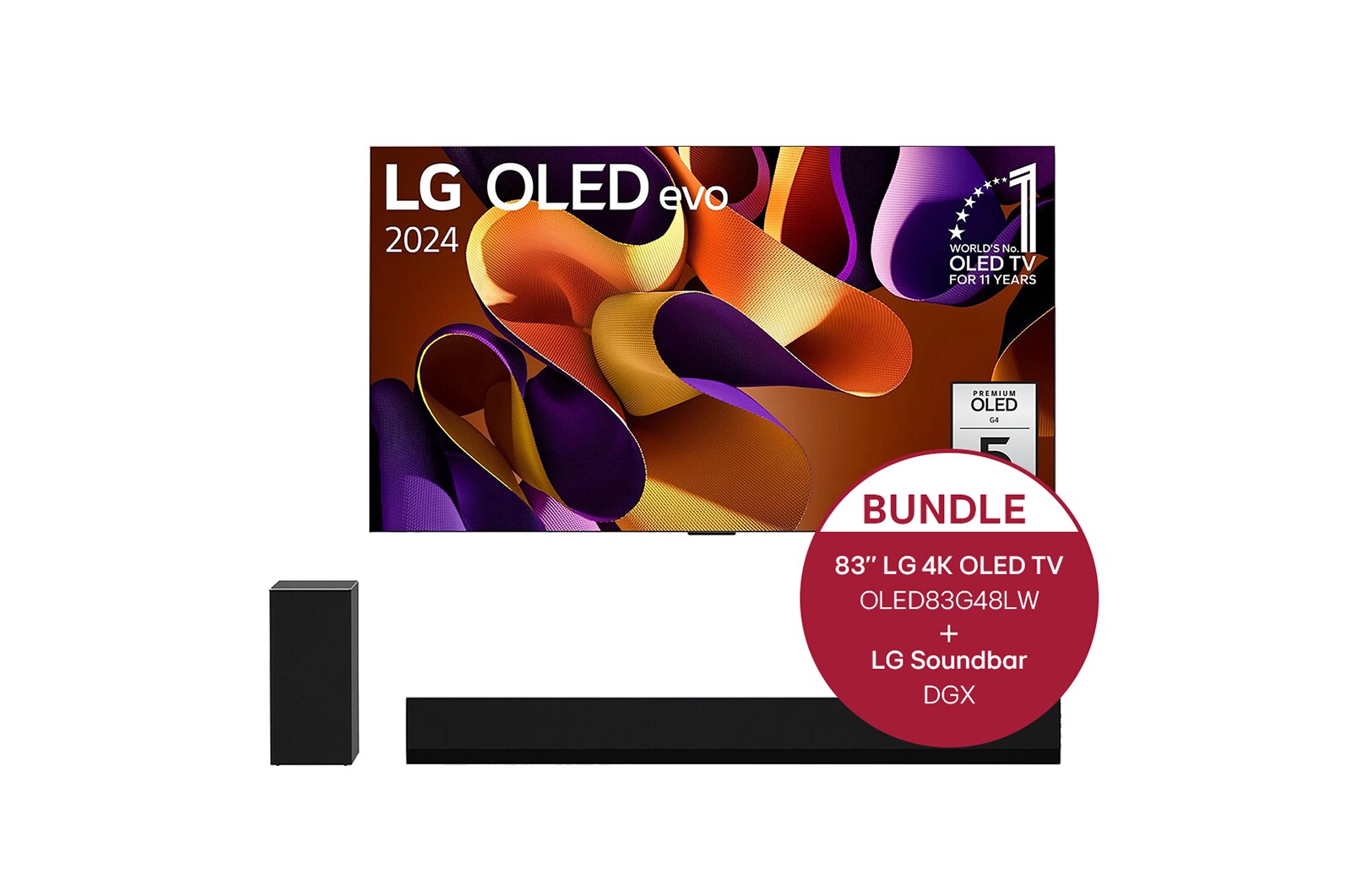 Vorderseite von 83 Zoll LG OLED evo G4 4k Smart TV + 3.1 Dolby Atmos®️ Design-Soundbar mit 420 Watt OLED83G48LW.DGX