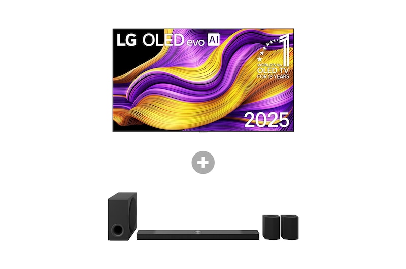 Vorderseite von 83 Zoll LG OLED evo AI G5 4K Smart TV + 9.1.5-Kanal LG Home Theater Soundbar mit Surround-Sound und Rücklautsprechern OLED83G57LW.DS95001