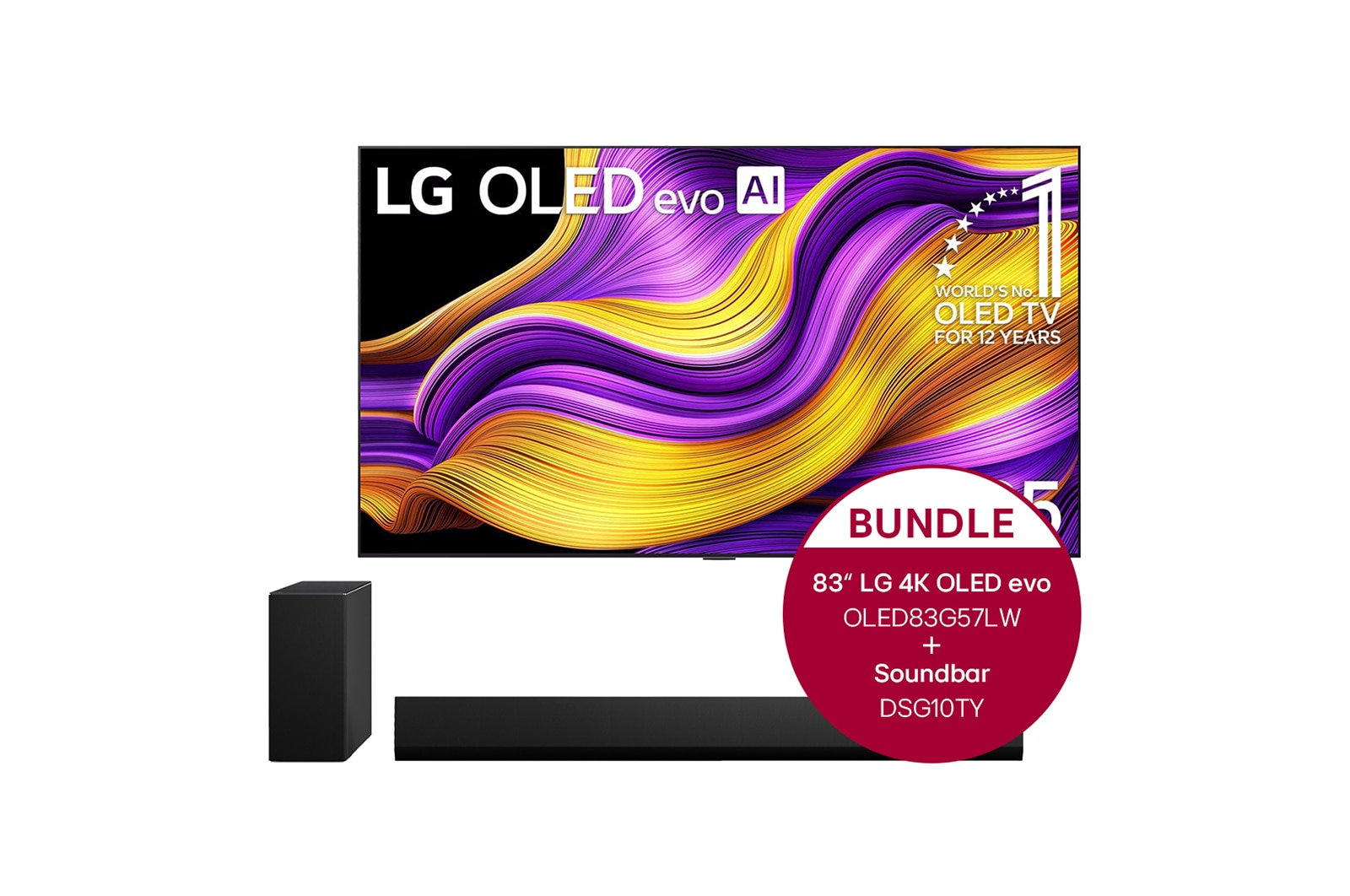 Vorderseite von 83 Zoll LG OLED evo G4 4K Smart TV &#43; 3.1 Kanal LG TV Soundbar DSG10TY mit Dolby Atmos  OLED83G57LW.DSG10TY
