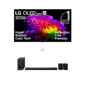 Vorderseite von 83 Zoll LG OLED evo AI G6 4K Smart TV 2026 + 9.1.5-Kanal LG Home Theater Soundbar DS95AR mit Surround-Sound und Rücklautsprechern OLED83G67LW.DS95001