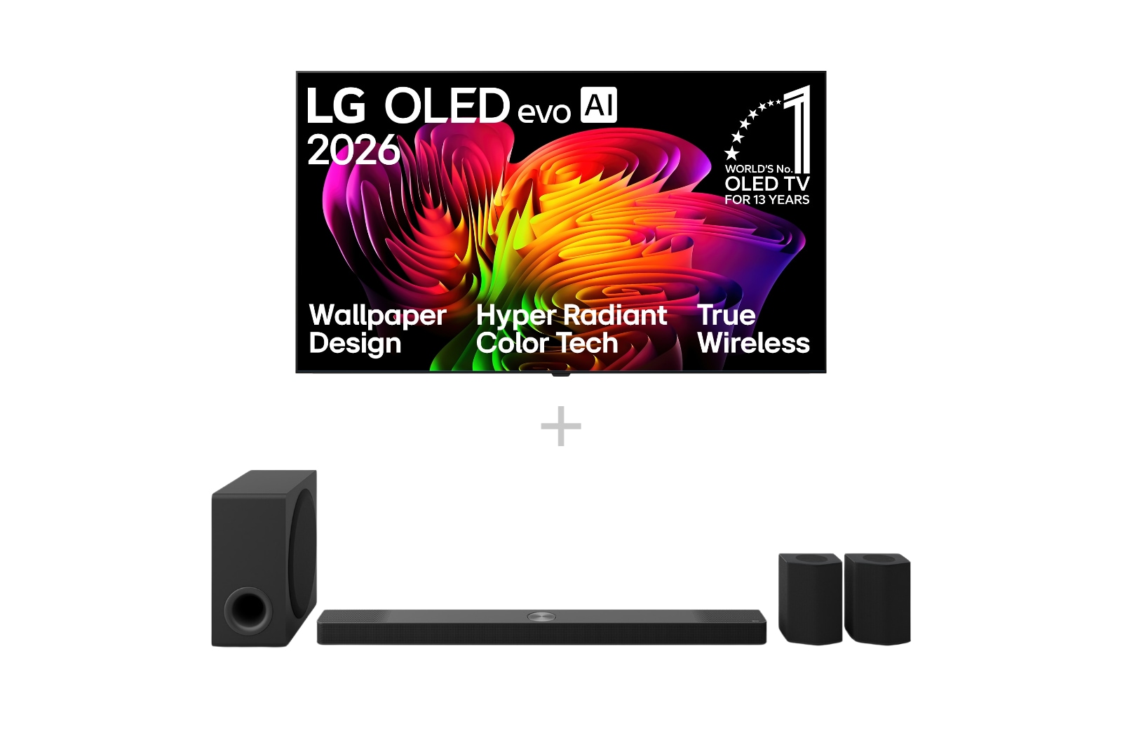 Vorderseite von 83" Wallpaper TV LG OLED evo AI W6 True Wireless 4K Smart TV 2026 + 9.1.5-Kanal LG Home Theater Soundbar DS95AR mit Surround-Sound und Rücklautsprechern OLED83W69LA.DS95001