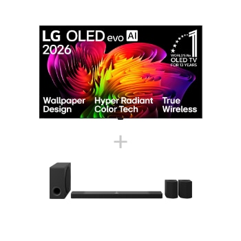Vorderseite von 83" Wallpaper TV LG OLED evo AI W6 True Wireless 4K Smart TV 2026 + 9.1.5-Kanal LG Home Theater Soundbar DS95AR mit Surround-Sound und Rücklautsprechern OLED83W69LA.DS95001