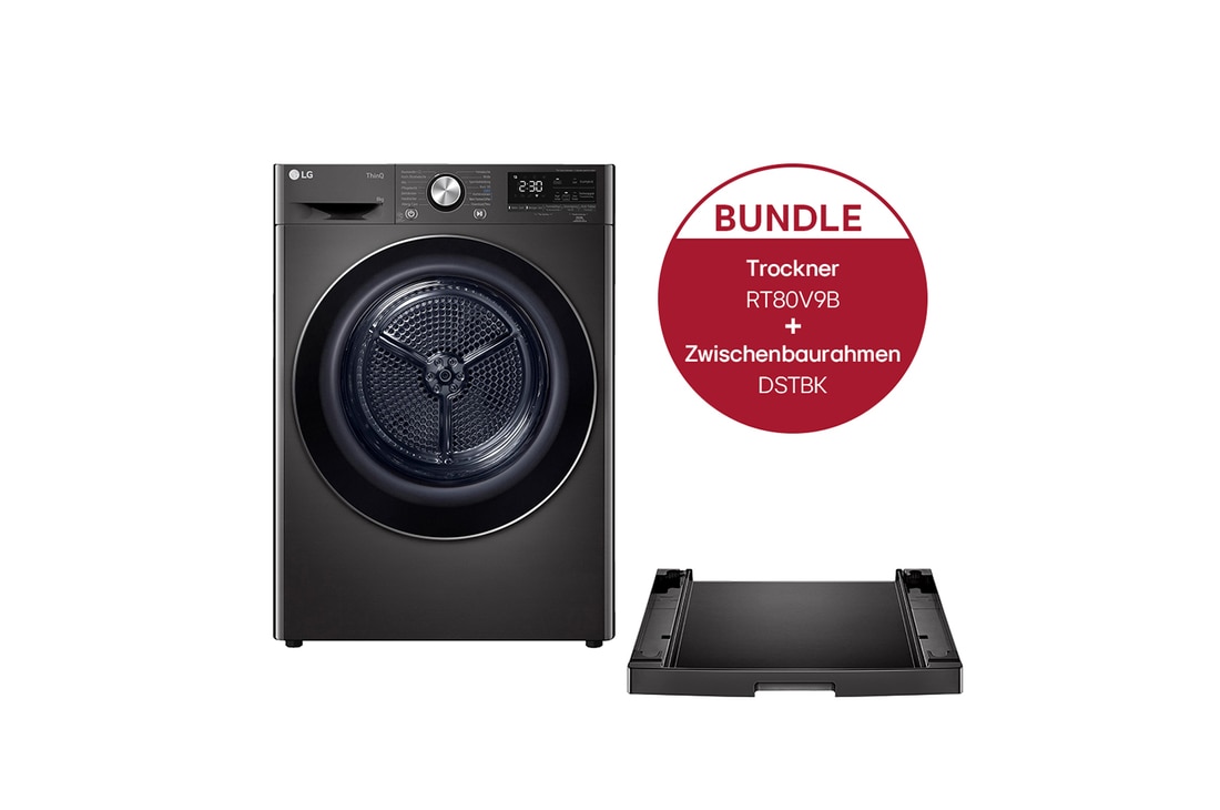 LG Trockner Schwarz (A+++, 8 kg) mit Dual Inverter Wärmepumpentechnologie & selbstreinigendem Kondensator I RT80V9B + Zwischenbaurahmen l DSTBK, RT80V9B.DSTBK