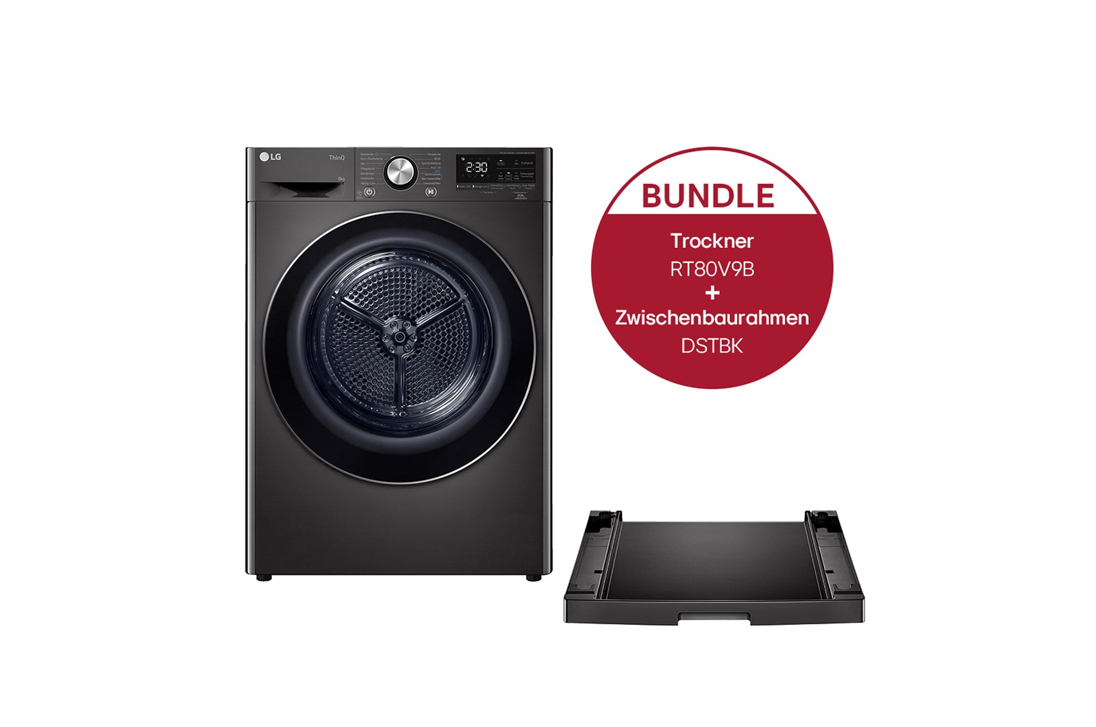 LG Trockner Schwarz (A+++, 8 kg) mit Dual Inverter Wärmepumpentechnologie & selbstreinigendem Kondensator I RT80V9B + Zwischenbaurahmen l DSTBK, RT80V9B.DSTBK