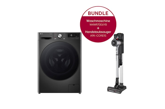 LG Schwarzer Waschtrockner (11 kg / 6 kg, 1.400 U./Min.) und Handstaubsauger Fantasy Silver im Set | W4WR70E6YB.CORE1S, W4WR70E6YB.CORE1S