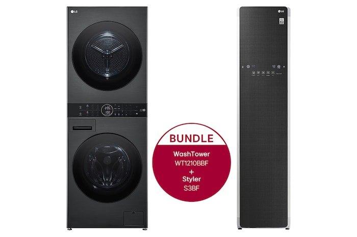 LG WashTower Schwarz (Waschmaschine: A, 12kg, 1350 U./Min.; Trockner: A+++/C, 10kg) I WT1210BBF + LG Styler Dampfschrank, WT1210BBF.S3BF