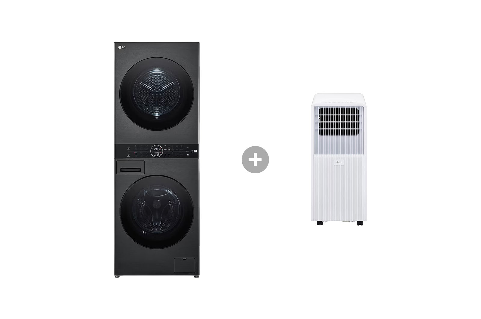 Vorderseite von WashTower Schwarz Waschmaschine & Trockner in einem Gerät I WT1210BBF & Mobile Klimaanlage WT1210BBF.TF09001