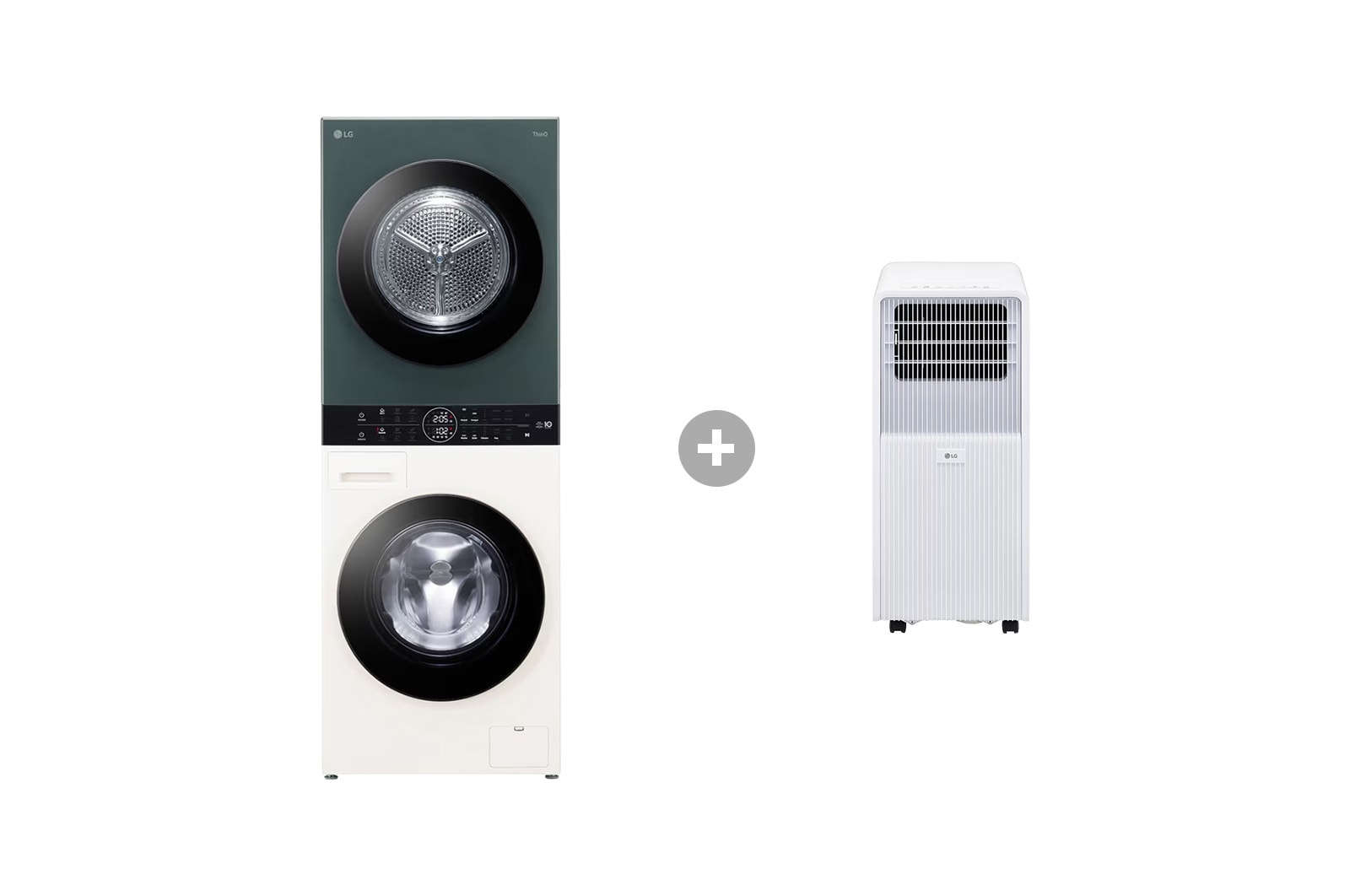 Vorderseite von WashTower Grün/Beige Waschmaschine & Trockner in einem Gerät I WT1210EGF & Mobile Klimaanlage WT1210EGF.TF09001