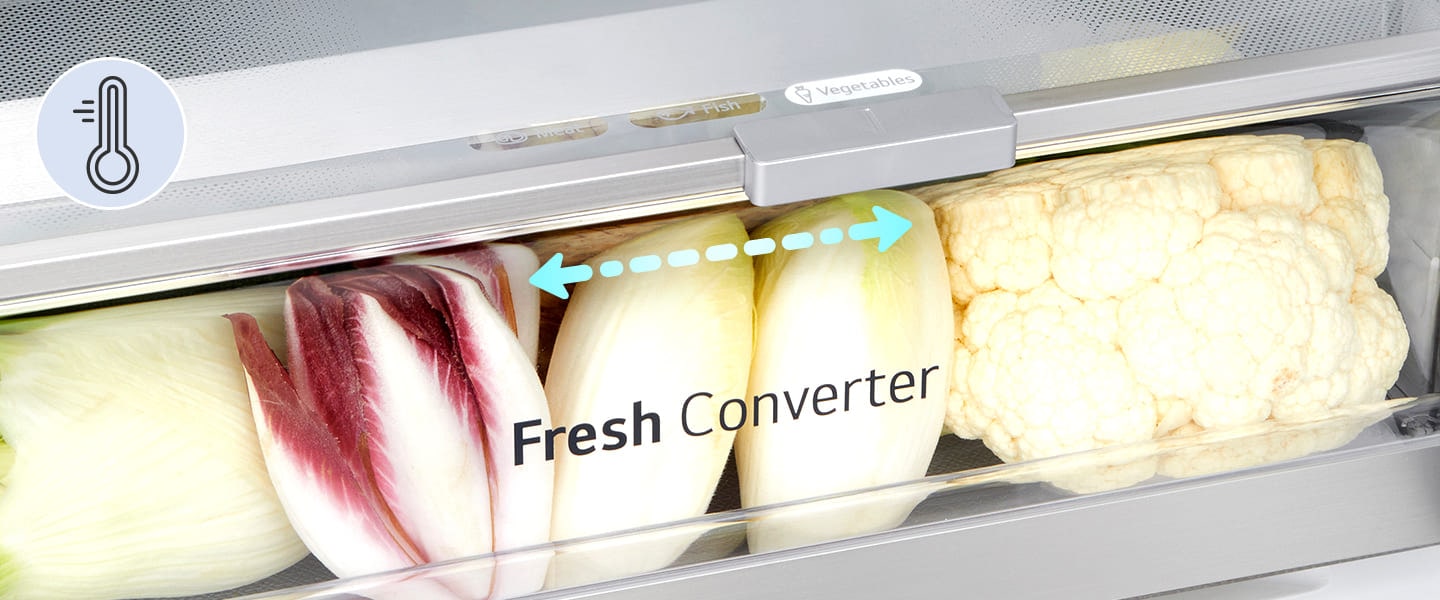 Nahaufnahme eines mit Fleisch gefüllten FRESH Converters, der auf die richtige Temperatur für Fleisch unter den Fleisch-, Fisch- und Gemüseoptionen eingestellt ist.