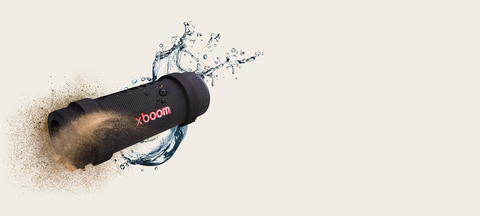 xboom Grab ist in einer sechseckigen Form platziert und dahinter befindet sich ein Haufen Erde auf der linken Seite und ein Spritzer Wasser auf der rechten Seite