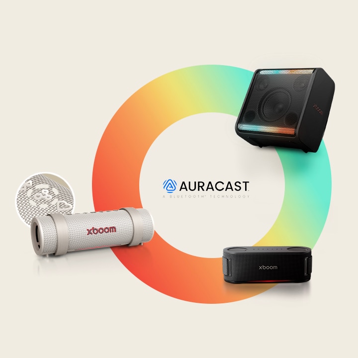 Auf einem regenbogenfarbenen Kreis sind xboom Stage 301, Grab und Grab im Uhrzeigersinn angeordnet. Neben dem xboom Grab ist das Bild seiner Auracast-Schaltfläche in einem Kreis platziert.