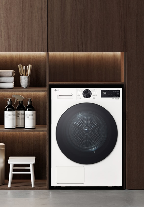 Frontlader-Waschmaschine in einem modernen Waschraum.	