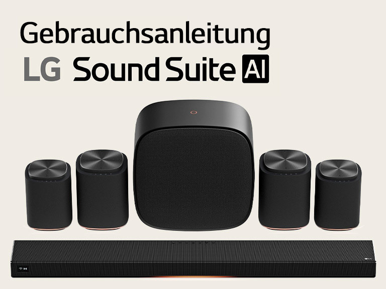 LG Sound Suite Heimkino-Lautsprecherset mit einer H7-Soundbar, einem Paar M7-Lautsprechern, einem zusätzlichen Paar M5-Lautsprechern und einem W7-Woofer.