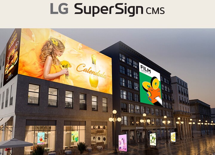 Es zeigt einen virtuellen Raum an, in dem verschiedene Arten von Beschilderungen, wie z. B. große LED-Displays, fensterseitige Displays und Open-Frame-Displays, verwendet werden.