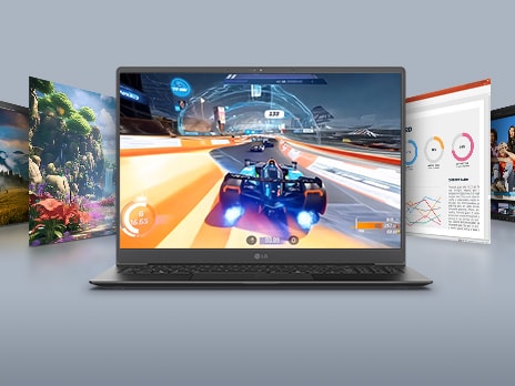 Ein Laptop, auf dessen Bildschirm eine actionreiche Fußballszene mit dem hervorgehobenen Text „31–144Hz“ zu sehen ist, umgeben von weiteren Bildschirmen mit verschiedenen visuellen Darstellungen. Diese Konfiguration betont die Vielseitigkeit von Games und Multimedia mit einer variablen Bildwiederholfrequenz.