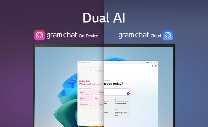 Ein Bild mit geteiltem Bildschirm, das „gram AI“ mit zwei verschiedenen Modi zeigt: „gram chat On-Device“ auf der linken Seite, dargestellt durch ein pinkfarbenes Symbol, und „gram chat Cloud“ auf der rechten Seite, dargestellt durch ein blaues Symbol. Auf dem Bildschirm wird eine KI-Schnittstelle angezeigt, die eine nahtlose KI-Funktionalität in beiden Modi symbolisiert.