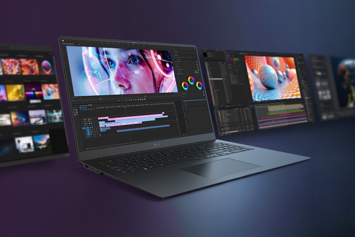 Ein eleganter Laptop wird mit einer lebendigen Videobearbeitungsoberfläche auf dem Bildschirm präsentiert, umgeben von zusätzlichen Bildschirmen, die verschiedene kreative Arbeitsabläufe zeigen.