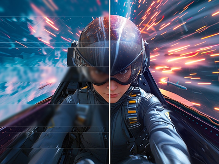 Split-Screen-Ansicht eines Piloten in einem rasanten Game, das glattere und klarere Bilder zeigt.	