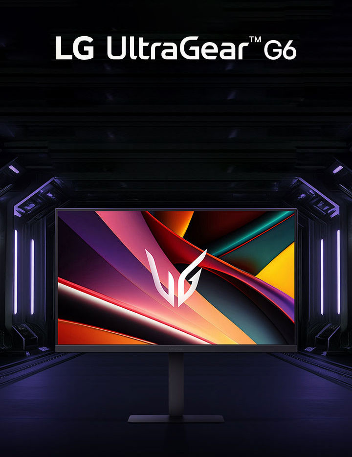 UltraGear™ G6-Logo in einem futuristischen Raum mit Neonlicht.	