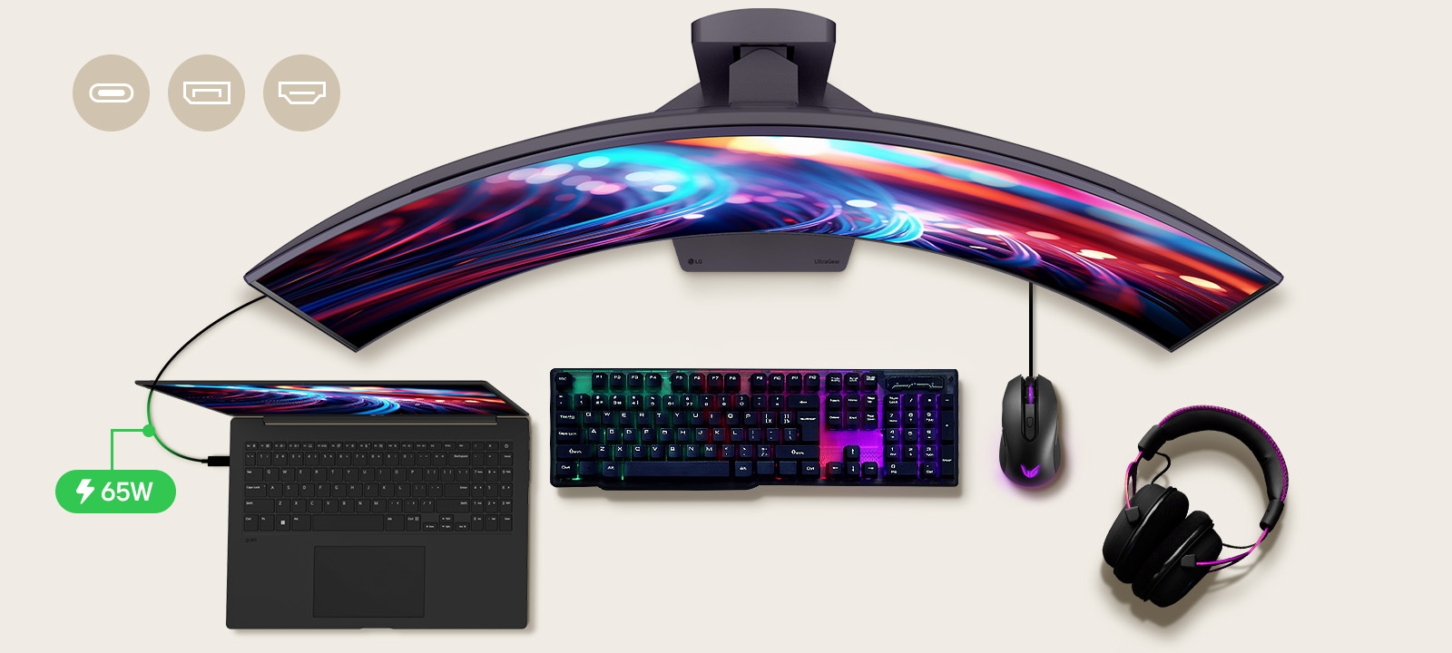 In der Mitte des Schreibtisches befindet sich ein 39-Zoll-Gaming-Monitor, um den herum verschiedene IT-Geräte platziert sind.	