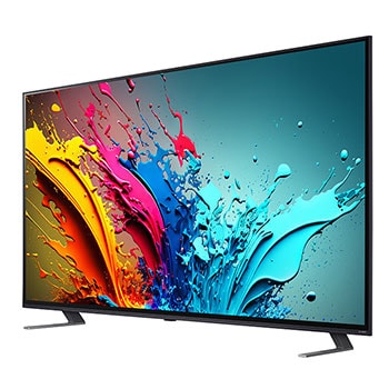 Slightly-angled left-facing side view of LG QNED TV, QNED85