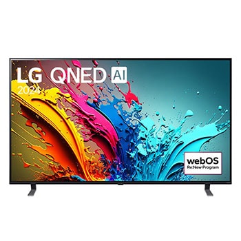 Front view of LG QNED TV, QNED85 with text of LG QNED AI, 2024, and webOS Re:New Program logo on screen