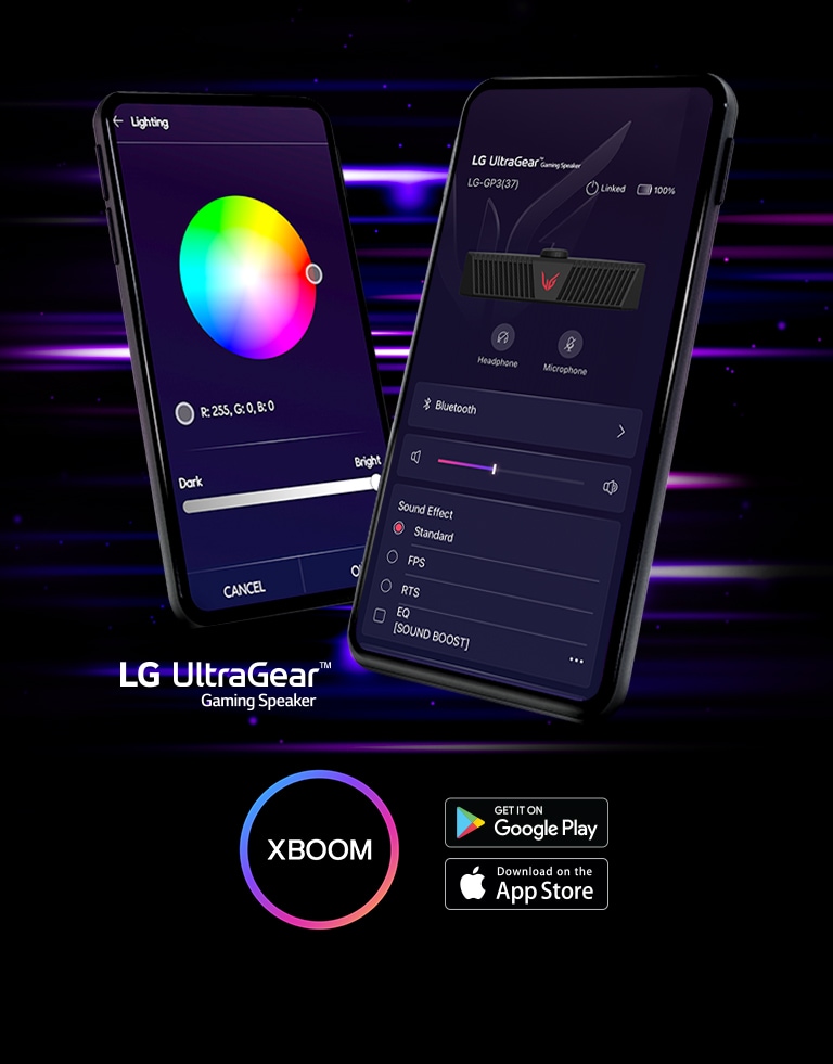 Wir sehen zwei v-förmig angeordnete Smartphones. Auf den Displays läuft die UltraGear Gaming Speaker App.