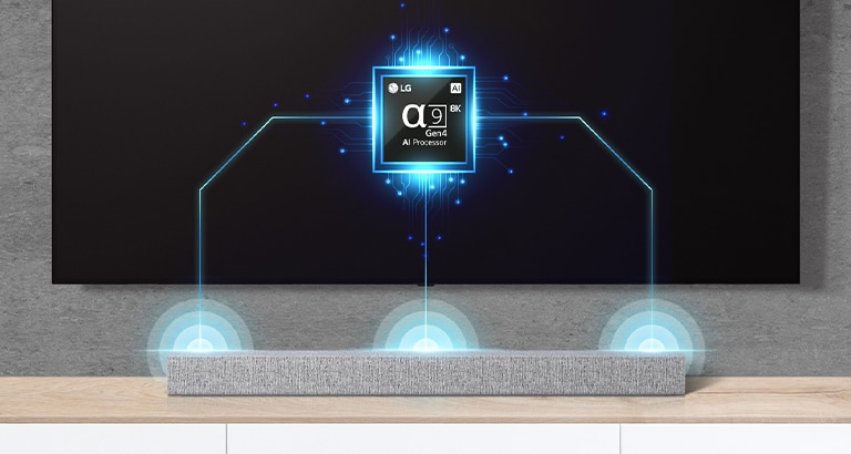 Auf dem Fernseher ist ein Bild eines Alpha-Nine-Chips zu sehen und direkt darunter befindet sich eine Soundbar. Es gibt auch Schallwellen-Effekte, die aus der Soundbar kommen.