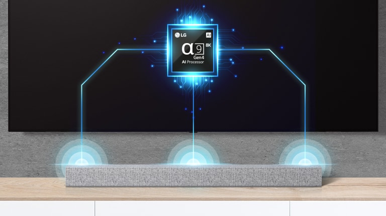 Auf dem Fernseher ist ein Bild eines Alpha-Nine-Chips zu sehen und direkt darunter befindet sich eine Soundbar. Es gibt auch Schallwellen-Effekte, die aus der Soundbar kommen.