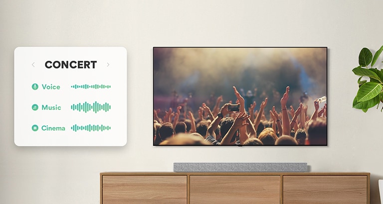 An der Wand hängender Fernseher. Der Fernseher zeigt Menschen, die bei einem Konzert klatschen, dann wird zuerst zu einer Filmszene mit einem fahrenden Auto in einem Wald umgeschaltet und dann zu den Nachrichten und ein Moderator spricht. Die LG Soundbar steht direkt unter dem Fernseher auf einem beigefarbenen Regal (Video abspielen).