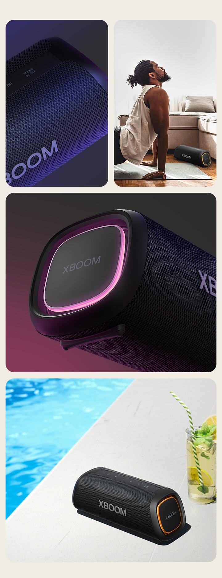 Wir sehen eine Collage. Links: Nahaufnahme des LG XBOOM Go XG7. Daneben: Bild eines Mannes, der Yoga macht. Neben der Matte steht der LG XBOOM Go XG7 auf dem Boden. Rechts von oben nach unten: Nahaufnahme des Lautsprechers mit rosa Beleuchtung. Der Lautsprecher mit orangefarbener Beleuchtung und eine Glas Limonade stehen neben einem Pool.