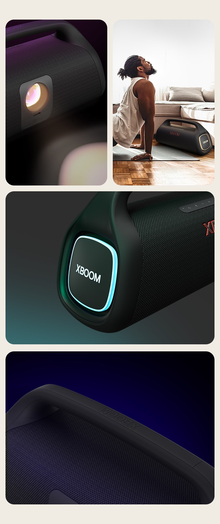 Hochschule. Von links: Nahaufnahme des LG XBOOM Go DXG9. Dann ein Bild eines Mannes, der Yoga macht. Rechts von oben nach unten: Nahaufnahme des Lautsprechers mit rosa Beleuchtung und zwei Gläsern mit Getränken.
