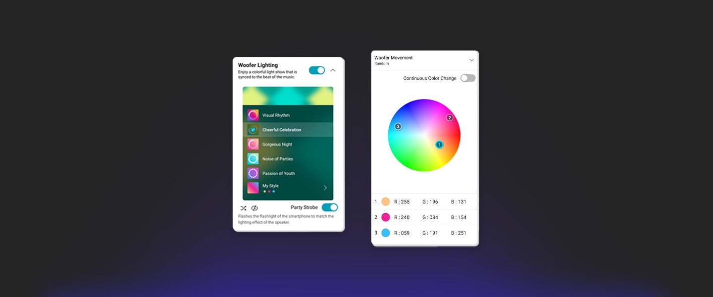 Bildschirmaufnahme der XBOOM APP. Die Beleuchtung lässt sich über die App individuell anpassen.